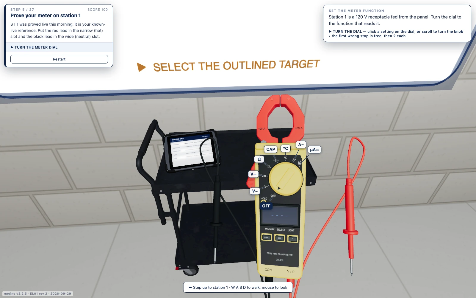 Titan Measuring Voltage simulation showing the meter function selector and instructions for the current task.