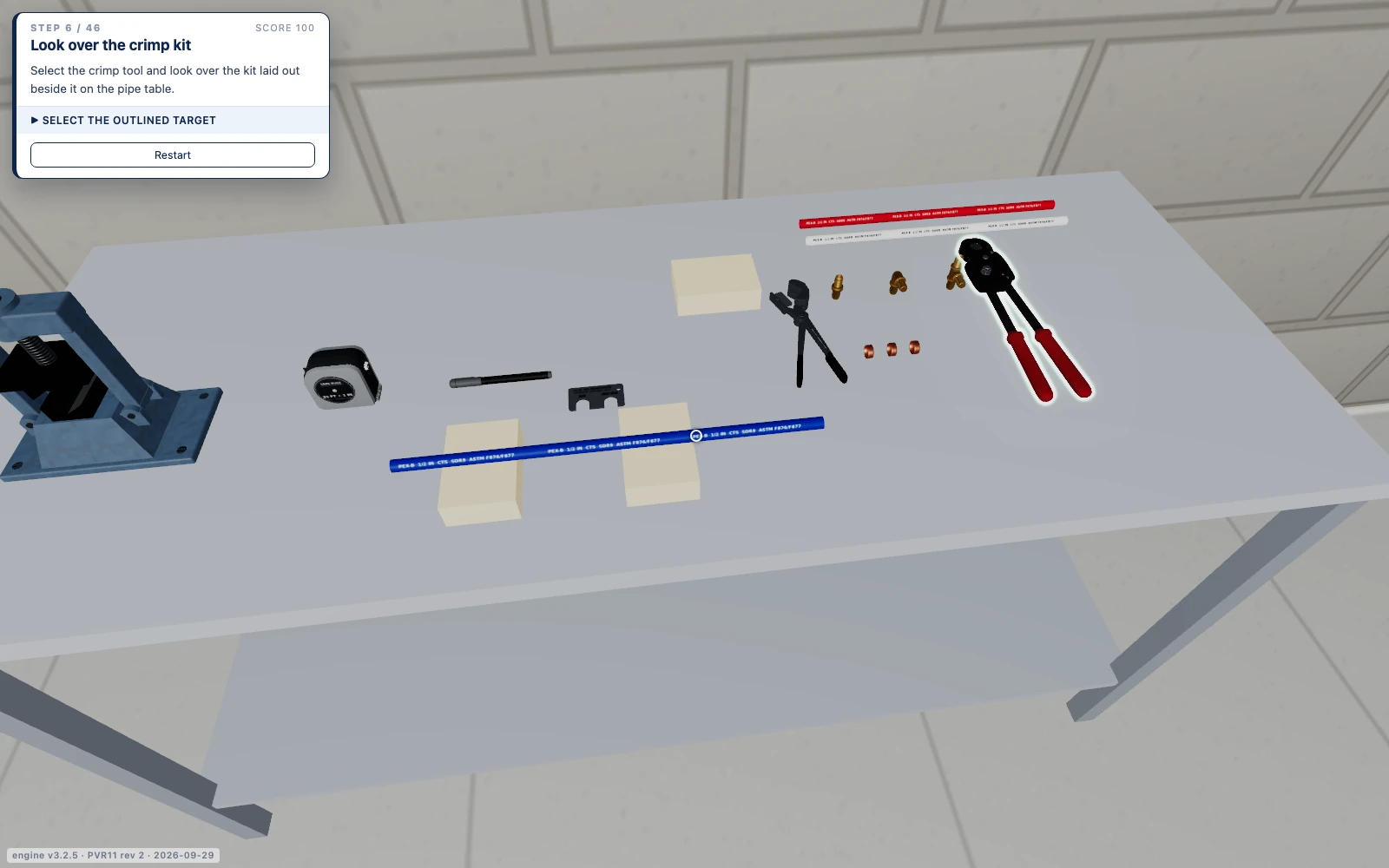 Titan PEX-B Crimp Joints simulation showing the pipe workbench and the current task.